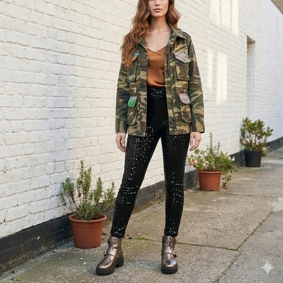 Anthropologie Beautiful Stories Embroidered Camo Utility Jacket